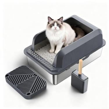 Imagem de RUBLELITIE Caixa de areia para gatos de aço inoxidável com tampa, bandeja de metal extragrande com laterais altas fechadas para gatos grandes, multigato, XL antiaderente antivazamento, fácil limpeza