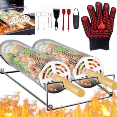 Imagem de Cestas de churrasqueira com rolamento, 2 peças, ferramentas de churrasco de aço inoxidável 304 com cabo de madeira removível para vegetais, camarão, acampamento, quintal, acessórios de churrasco ao ar