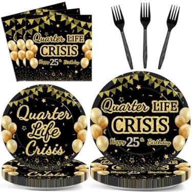 Imagem de Conjunto de 96 peças de pratos de papel para festa de 25 anos, conjunto de guardanapos Happy Quarter Life Crisis preto dourado 25 anos prato e guardanapo preto dourado 25 anos conjunto de utensílios