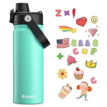 Imagem de baab Garrafa de água infantil de 510 g, garrafa de água infantil isolada com tampa de bico bloqueável e adesivos, copo de água infantil à prova de vazamento de aço inoxidável 18/8 com alça e escola