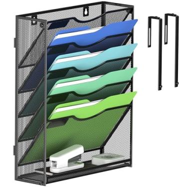 Imagem de Kuntine.B Organizador de arquivos de parede para escritório, suporte de revista, organizador de arquivos de parede para escritório, casa (preto, 6 camadas e cabides)