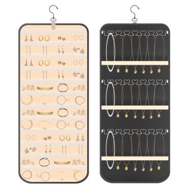 Imagem de Organizador de joias de tecido Oxford de dupla face, suporte giratório de joias com gancho para anel, brinco, colar, pulseira, pendurar na porta de parede (dupla face, preto)