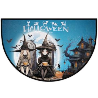 Imagem de Tapete de porta meio redondo Halloween Cool Witch Antiderrapante Absorvente Semi Círculo Tapetes Laváveis Half Moon Tapetes para Pátio Interior, Cozinha, Banheiro, Entrada, Lareira, Decoração de Casa