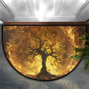 Imagem de Tapete de porta meio redondo, árvore, fogo, abstrato, antiderrapante, absorvente, semicírculo, tapetes laváveis, para ambientes internos e externos, pátio, cozinha, banheiro, entrada, lareira