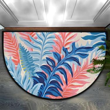 Imagem de Tapete de porta meio redondo, palmeira, rosa, azul, antiderrapante, absorvente, semicírculo, tapetes laváveis, para ambientes internos e externos, pátio, cozinha, banheiro, entrada, lareira, decoração