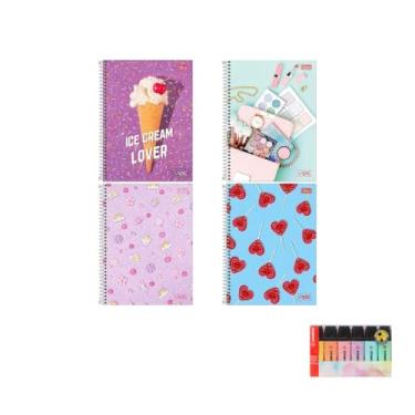 Imagem de Kit Caderno Universitário Vibe Feminino 80F Tilibra + Marca Texto Boss 06 Cores Pastel