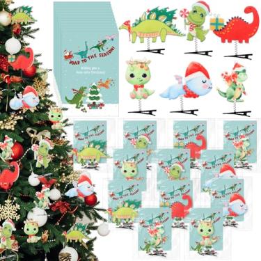 Imagem de PullCrease 12 conjuntos de enfeites de dinossauro para decoração de dinossauro de feltro de árvore de Natal fofos com clipes e cartões engraçados para meias de Natal, presentes de Natal, lembrancinhas