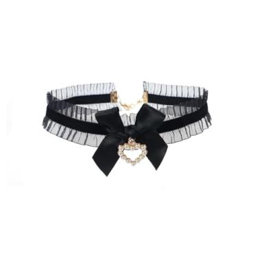 Imagem de Colar gargantilha gótica com babados para mulheres e homens, preto, grande, laço, veludo, colar, pingente de pérola, colar com pingente de pérola, Halloween, cosplay, presente