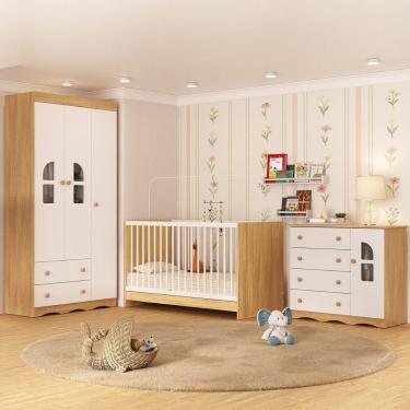 Imagem de Quarto De Bebê Completo Berço 3 Em 1 Para Colchão 130x60cm Liz Multimóveis MP4559 Madeirado-branco