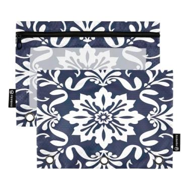 Imagem de Wassud Bolsa de lápis padrão de azulejo preto para fichário de 3 anéis, bolsa de lápis transparente, bolsa lisa com zíper, estojo de lápis padrão, pacote com 2