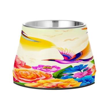 Imagem de STAYTOP Tigelas de aço inoxidável vibrantes com estampa floral e pássaro, tigelas de alimentação de gatos, fofas tigelas antiderrapantes para cães e gatos
