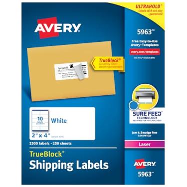 Imagem de Avery Etiquetas 2 x 4 para impressoras a laser, adesivo permanente, Sure Feed, 2.500 etiquetas retangulares (5963), branco
