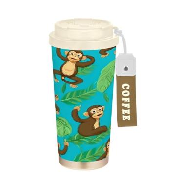 Imagem de YETTASBIN Caneca de café Monkey com isolamento térmico de 482 g com tampa canudo, copo à prova de derramamento e vazamento com alça para bebida quente e fria, garrafa de água de aço inoxidável