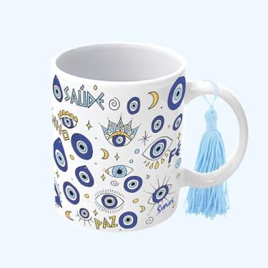 Imagem de Caneca com Pompom Olhos Gregos – Porcelana Elegante com Detalhe Decorativo Fofo