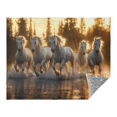 Imagem de CEBUGI Cobertor de flanela quente macio 127 x 178 cm para sofá, cama, escritório, acampamento, viagem, cavalos brancos, uso em todas as estações