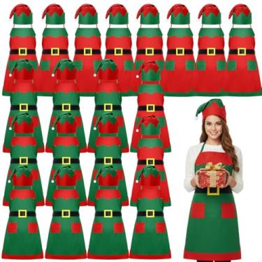Imagem de Handepo Conjunto de 20 conjuntos de aventais e chapéus de elfo de Natal avental de fantasia de elfo feminino kit de adultos para festa (verde, vermelho, clássico)