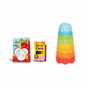 Imagem de Torre Empilhável Educativa, 8 Copos Coloridos Empilháveis Brinquedo Sensorial para Bebês + Kit Criativo de Colorir Infantil