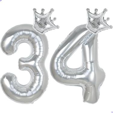Imagem de 34 números de balões de 101,6 cm para decorações de aniversário de 34 anos para homens e mulheres, decoração de aniversário de 34 anos de Mylar gigante para ele e ela