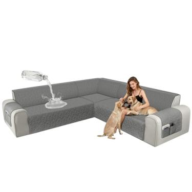 Imagem de ALIECOM Capas de sofá seccionais de canto, à prova d'água, laváveis, em forma de L, protetora, geométrica, jacquard, capa de móveis, com alça ajustável para cães de estimação (grande, cinza escuro)
