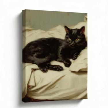 Imagem de Arte de parede de gato vintage, impressão em tela de gato preto na cama, pôster de estilo de pintura a óleo clássico, decoração de entrada de sala de estar para quarto estético, presente para amantes