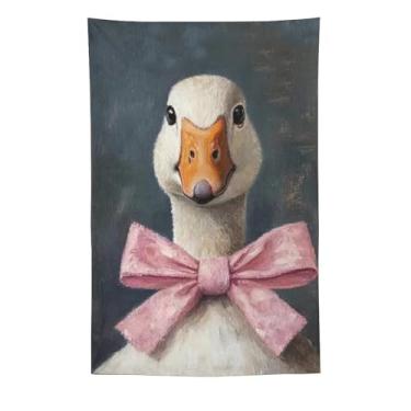 Imagem de Ganso branco com gravata borboleta rosa tapeçaria de parede caprichosa decoração animal de fazenda fundo escuro arte encantadora para sala de estar quarto brincalhão estilo country decoração pendurada
