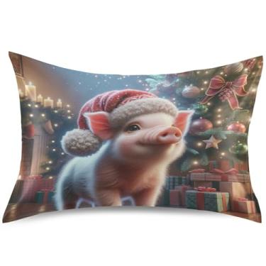 Imagem de Capas de travesseiro de cetim com estampa de porco fofo de Natal para cabelo King Queen Capas de travesseiro fofas refrescantes para cama, tamanho padrão, 66 cm x 50 cm