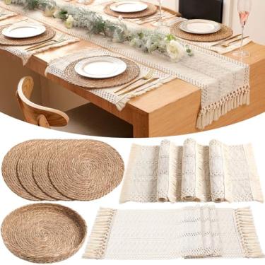 Imagem de Gandeer Jogo americano Boho 4/6 conjunto de jogo americano de tecido redondo estilo macramê costura bicolor caminho de mesa longo casa de fazenda algodão de serapilheira natural rústico para cozinha