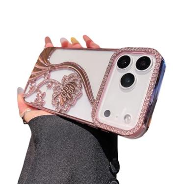 Imagem de Capa transparente para celular com flores de strass brilhantes para iPhone 17, 16, 15, 14, 13, 12, 11 Pro Max e Air Plus, com moldura reforçada, rosa, para iPhone 16 Pro Max.