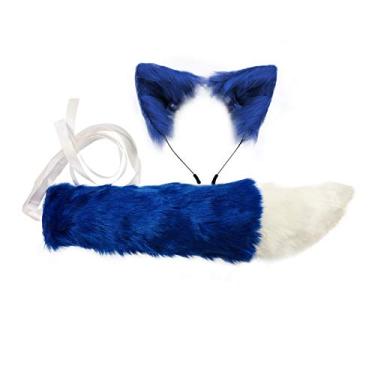 Imagem de Conjunto de fantasia de anime de pele sintética, cauda de lobo de raposa e orelhas de gato, Azul, tamanho �nico