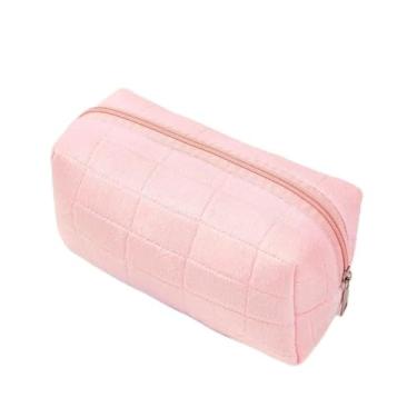 Imagem de Bolsa de armazenamento de pelúcia portátil para mulheres, bolsa de cosméticos leve de grande capacidade, porta-pincéis de maquiagem, bolsa de presente para viagens ao ar livre, rosa, Bolsa de