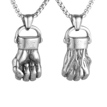 Imagem de Colar masculino com pingente de punho de boxe hip hop punk rock, aço inoxidável 316l, corrente quadrada de pérola de aço inoxidável prata, joia talismã personalizada
