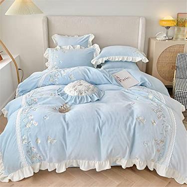 Imagem de Outono e inverno estilo princesa quente leite veludo quatro peças pastoral bordado flor grossa coral veludo capa de edredom roupa de cama (cor: rosa 4 peças, tamanho: 1,8 m) (terno azul 6 peças)
