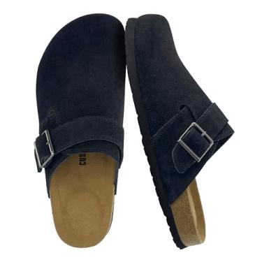 Imagem de CUSHIONAIRE Hugo Tamancos masculinos de camurça de couro genuíno – Sapatos confortáveis sem cadarço com fivela ajustável, biqueira fechada, Preto, 44