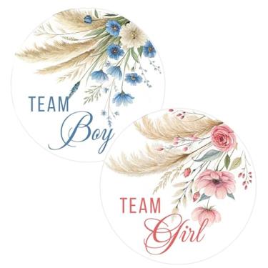 Imagem de Etiquetas de revelação de gênero da grama dos pampas, adesivos de meninos e meninas, floral boho chá de bebê neutro revelar decoração suprimentos de festa, 5 cm adesivos redondos pacote com 40 (equipe