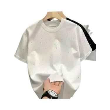 Imagem de Camiseta Casual Masculina De Verão Com Strass E Rebites, Gola Redonda,