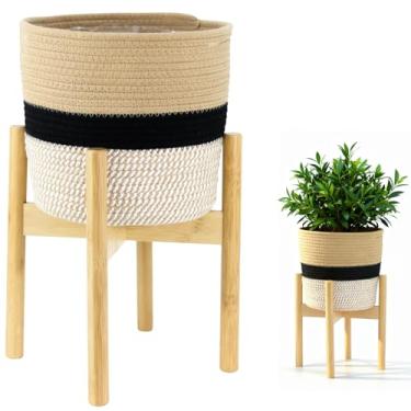 Imagem de Gavinjitao Cesta de plantas com suporte, cesta de tecido interno com suporte de madeira de bambu, suporte redondo para vaso de plantas, cestas rústicas para plantas e decoração de casa