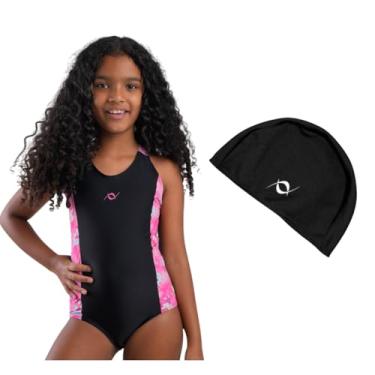 Imagem de Kit Maiô Infantil Juvenil Natação Piscina E Touca De Tecido (Preto/Estampa Pink Fada - Touca Preto, 4)
