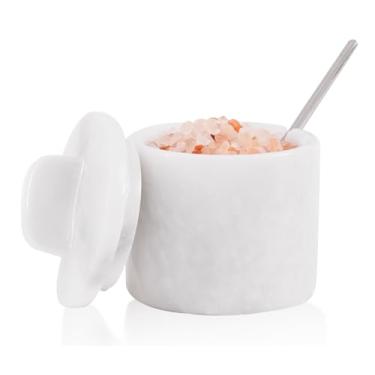 Imagem de SPESHSTONES Saleiro de mármore com tampa e colher pequenos recipientes de tempero brancos de 10 cm para presentes, potes decorativos de especiarias, açucareiro com colher e saleiro escamoso para