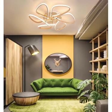 Imagem de Luminária de teto LED com controle remoto, moderna e dimerizável, com estrutura metálica embutida, ideal para salas de estar, quartos, salas de jantar e escritórios (dourada, 55 cm).