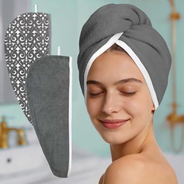 Imagem de VOOVA & MOVAS Pacote com 2 toalhas de cabelo de microfibra espessas para mulheres, turbante de cabelo de secagem rápida com laço elástico, macio e absorvente para cabelos molhados após o banho ou