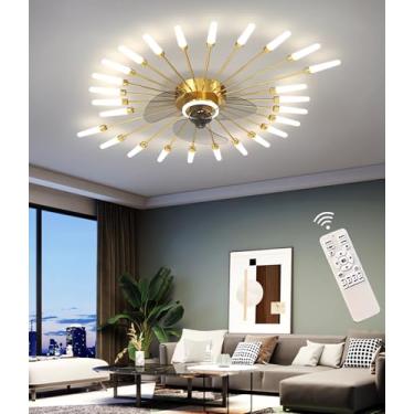 Imagem de Luminária de teto moderna com ventilador e LED, controle remoto, design de fogos de artifício e intensidade regulável - Luminária elegante para sala de estar, quarto, cozinha e sala de janta