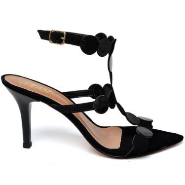 Imagem de Sandália Salto Médio Bico Folha Nobuck Verniz Preto - Ella'S, 36, Pret