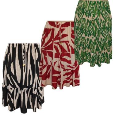 Imagem de Kit 3 Saia Feminina Estampada Midi Evangélica  Senhora Leve Soltinhas 