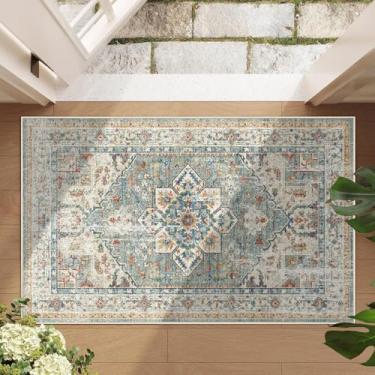 Imagem de Enkor Tapetes macios de área, lavável, antiderrapante, boêmio, pequeno, para sala de estar, quarto, estilo vintage, tapete de casa de fazenda para cozinha, bege e verde