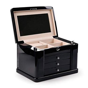 Imagem de Caixa de joias de madeira maciça, anel de quatro camadas, caixa de brinco, gaveta, caixa de armazenamento de joias com vidro, preta (preta)