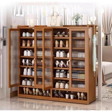 Imagem de 3FLQOOPP Sapateiras de bambu com 4 portas de vidro, organizador de sapatos moderno independente, sapateiras de 8 camadas, armário de armazenamento para armazenamento multifuncional de entrada (B)