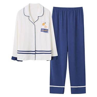 Imagem de HHHJQFAAT Pijama de outono para mulheres, conjunto de pijama de manga comprida, plus size, casual, roupa de dormir (azul médio)