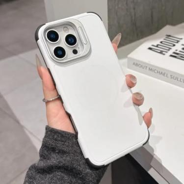 Imagem de Capa de luxo com suporte magnético para iPhone 17 Air 16 15 14 13 12 11 Pro Max Plus, à prova de choque, com carregamento sem fio (para iPhone 14 Plus/Branca)