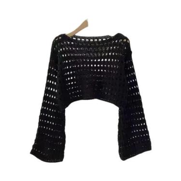 Imagem de Blusa De Crochê De Manga Longa Boho Para Mulheres, Top Cropped De Verã