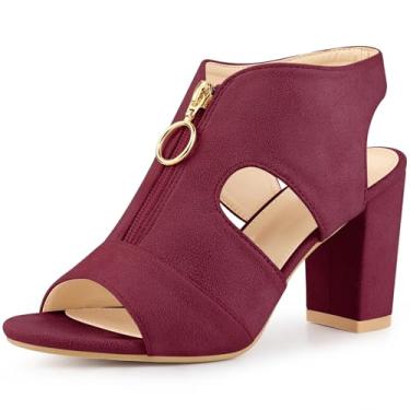 Imagem de Allegra K Sandália feminina com zíper frontal e salto grosso, salto gladiador, Borgonha, 40